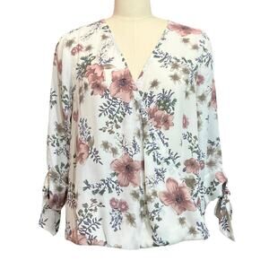 West Kei Women's White & Rose Multi Floral Print Wrap 3/4 Sleeve Blouse SZ S